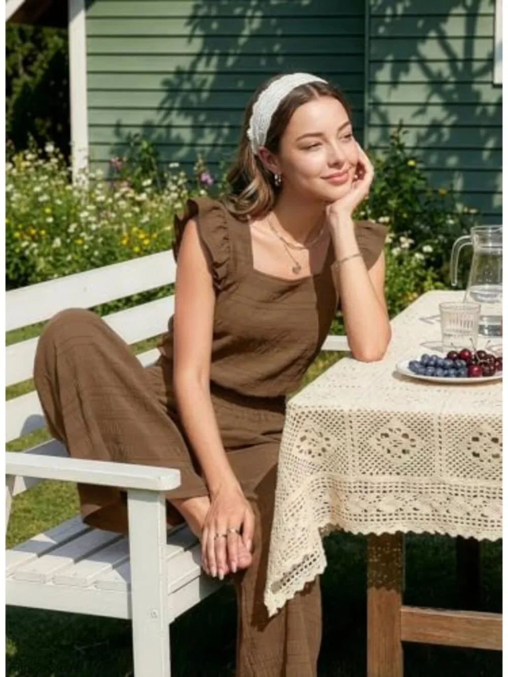 Womens Casual Loose One Piece Jumpsuit Square Neck Wide Leg Smocked Waist Short